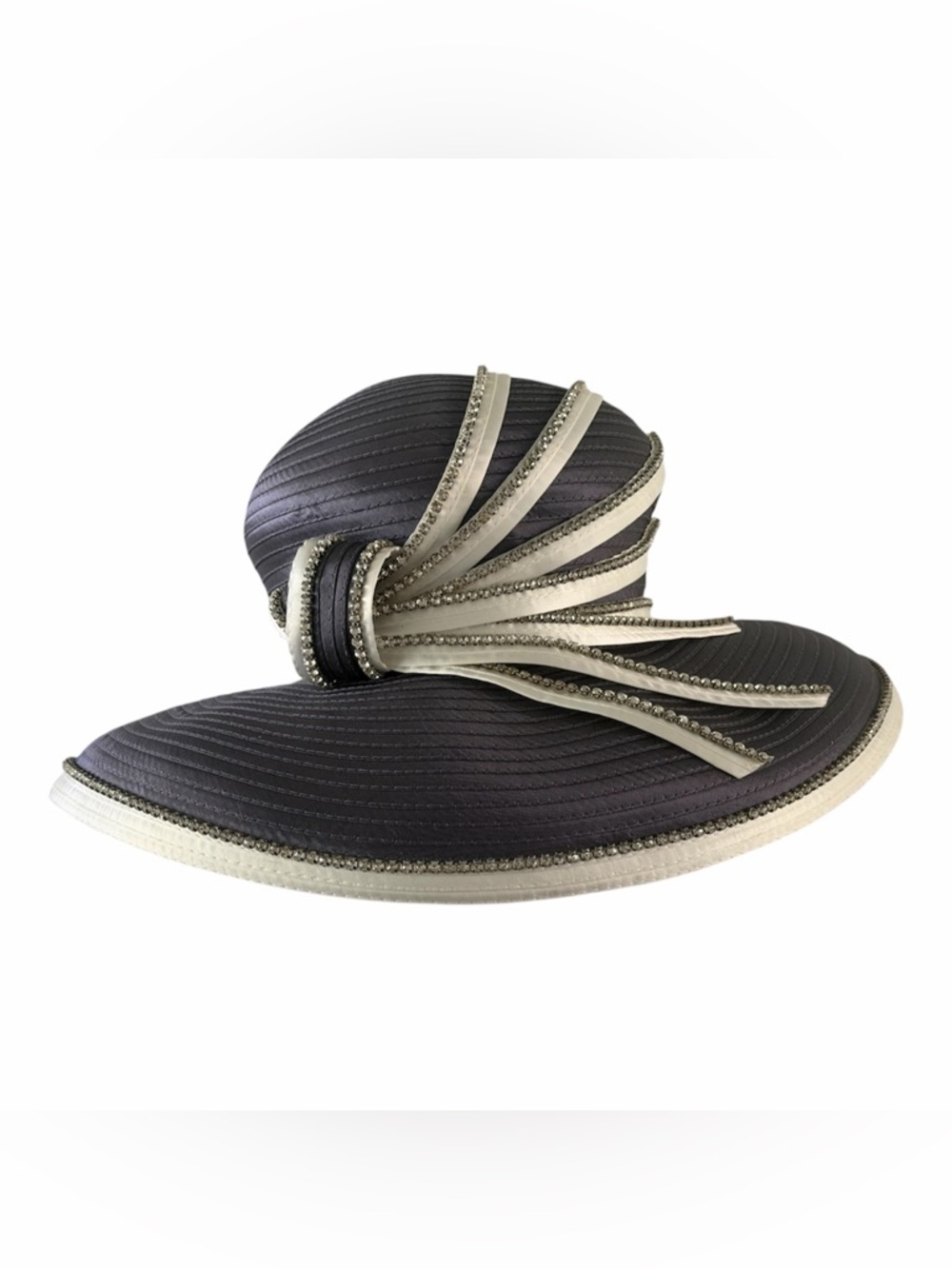 Donna Vinci Couture Purple Wide Brim Hat w/Ivory Trim and Rhinestones